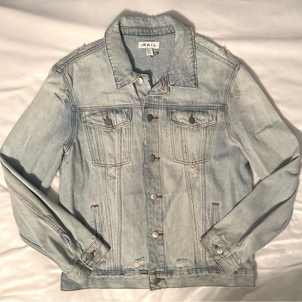 The Rail Nordstrom Mens Distressed Denim Jean Jacket L light wash button up
